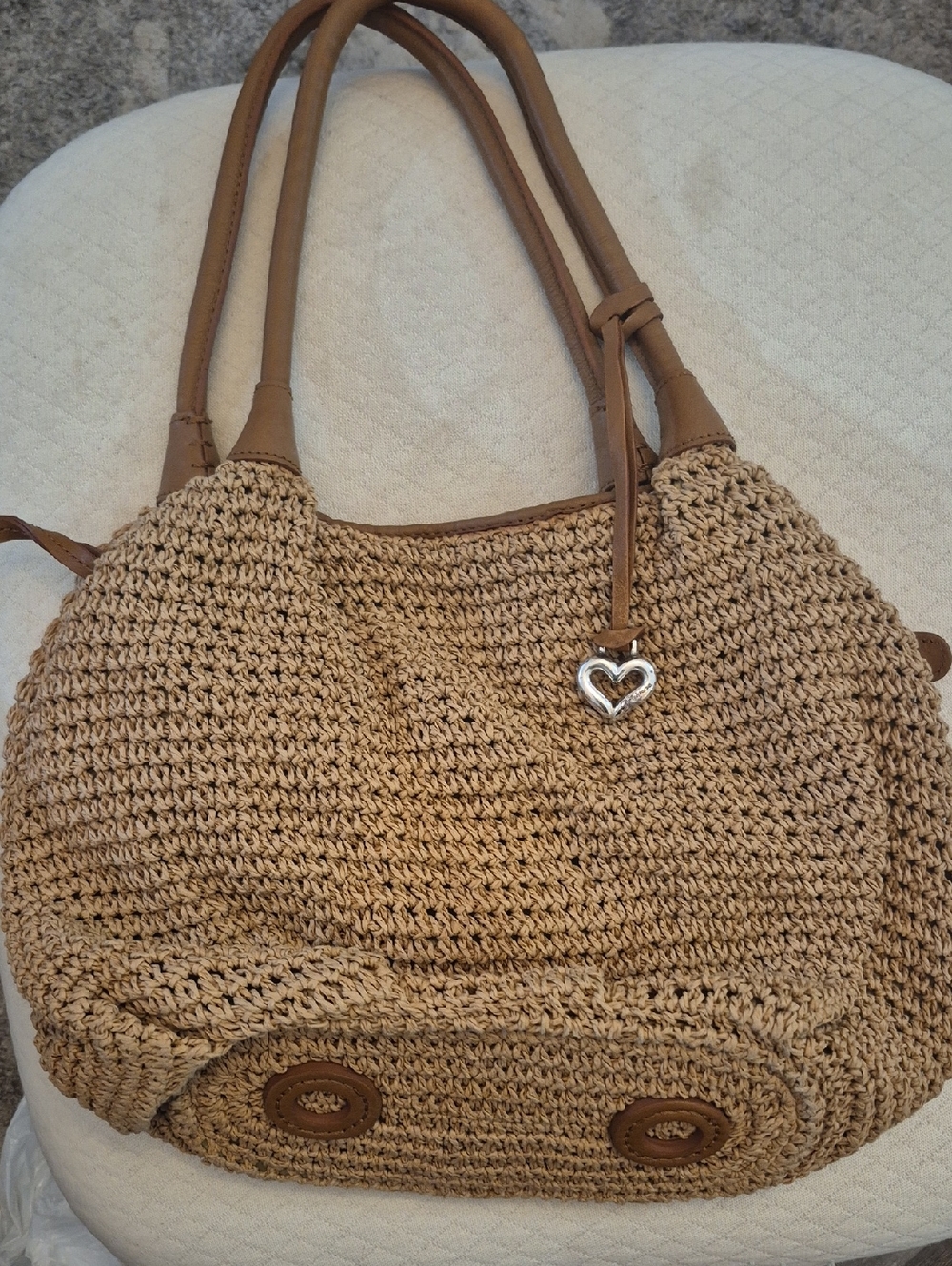Brighton Tan Straw Crochet Shoulder Bag with Heart Charm